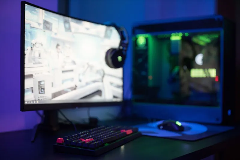 Software, inteligencia artificial y datos para la industria del videojuego: puesto de juego con monitor curvo, teclado iluminado y torre con luces de colores